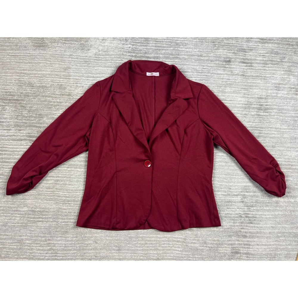 Auline Collection Blazer Womens L Burgundy Ruched 3/4 Sleeve Single Button Knit